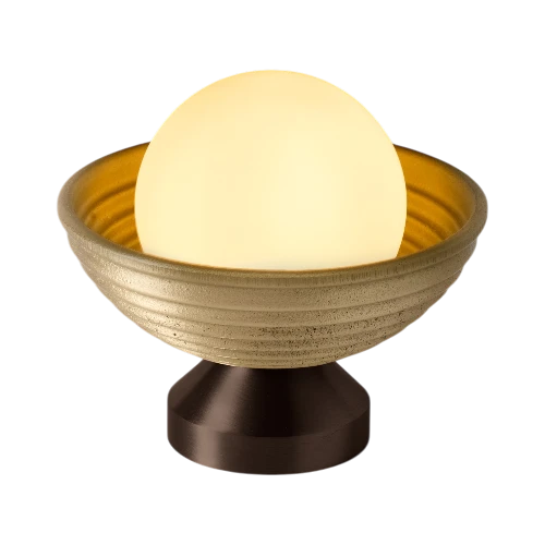 Lampe à poser Eos Bert Frank bronze foncé allumée, coupole sablée, lumière LED 2 700 K blanc chaud